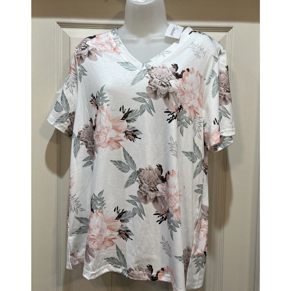 Fantaslook Women's Large T-shirt - White With Pink & Gray/Pink Flowers - K
